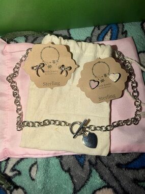 Sterling Silver Heart Charm Toggle Bracelet with Earring Sets new